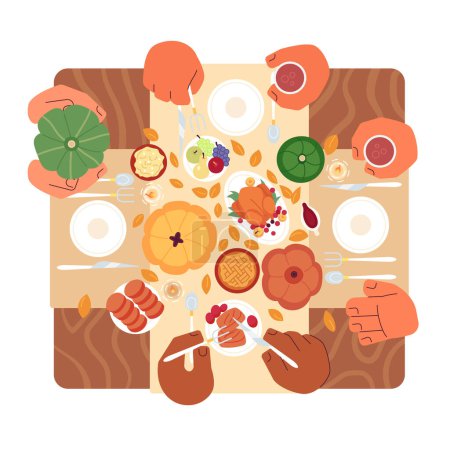 Illustration for Thanksgiving table family cartoon flat illustration. Turkey dinner eating friends 2D hands table overhead isolated on white background. Autumn rustic meal, dining fall scene vector color image - Royalty Free Image