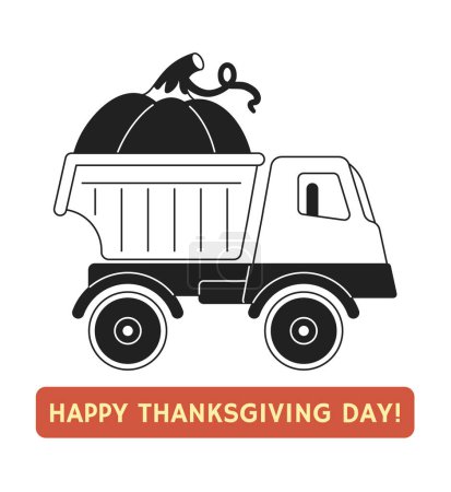 Illustration for Fall harvest pumpkin truck black and white 2D illustration concept. Old retro car isolated cartoon outline object. Delivery vegetable. Autumn countryside farm metaphor monochrome vector art - Royalty Free Image