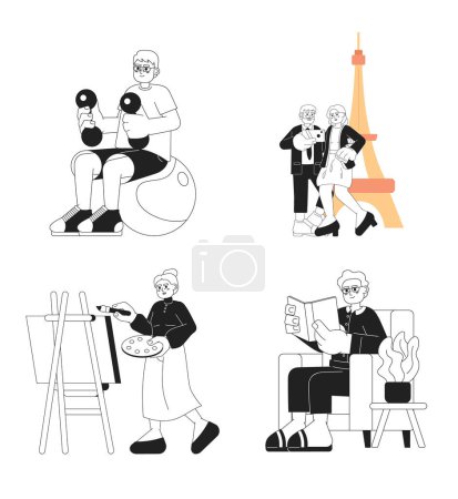 Illustration for Retirement hobbies black and white cartoon flat illustration set. Lifestyle retiree pensioners linear 2D characters isolated. Senior leisure activities monochromatic scene vector image collection - Royalty Free Image