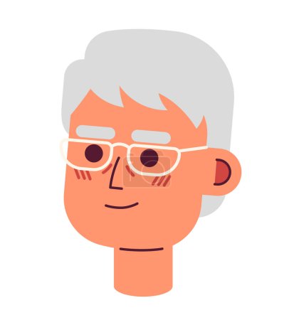 Illustration for Eyeglasses asian elderly man 2D vector avatar illustration. Korean senior man cartoon character face. Japanese old male portrait. Middle-aged person flat color user profile image isolated on white - Royalty Free Image