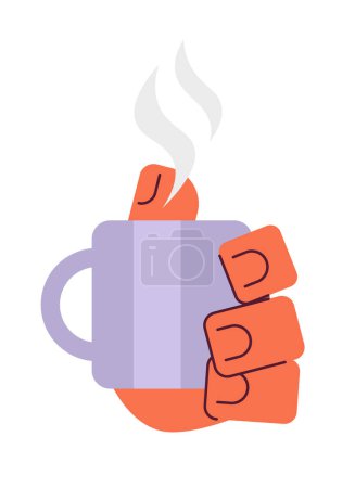 Illustration for Holding cup with coffee hot drink cartoon character hand illustration. Morning beverage steamed 2D vector image isolated on white background. Steaming mug with tea editable flat clipart color - Royalty Free Image