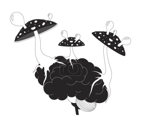 Illustration for Hallucinogenic parasitic fungi growing on brain black and white 2D illustration concept. Fungus amanita muscaria affecting mind cartoon outline object isolated on white. Metaphor monochrome vector art - Royalty Free Image