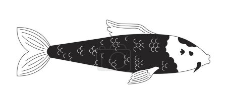 Téléchargez les illustrations : Carpe ornementale tachetée noir et blanc personnage de dessin animé ligne 2D. Poisson oriental pour animal vecteur isolé de contour d'étang japonais. Illustration Nishikigoi flottant monochromatique à point plat - en licence libre de droit