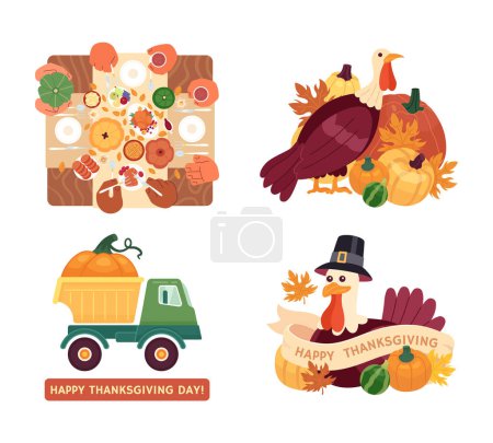 Illustration for Happy thanksgiving day 2D illustration concepts set. Family dinner, pumpkin truck isolated cartoon scenes, white background. Thanksgiving turkey metaphors abstract flat vector graphic collection - Royalty Free Image
