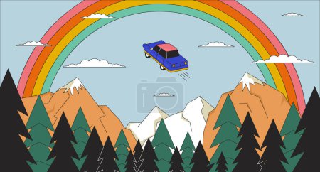Psychedelisch fliegendes Auto im Regenbogenhimmel 2D lineares Illustrationskonzept. Berge Wald Magie Cartoon-Szene Hintergrund. Schwebendes Auto über Fichten Metapher abstrakte flache Vektorumrisse Grafik