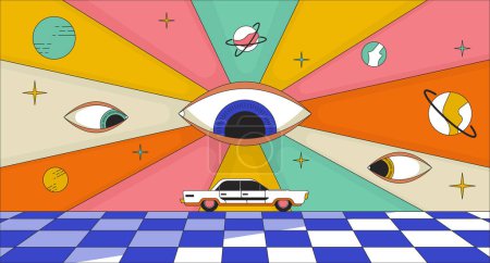 Illustration for Psychedelic road trip 2D linear illustration concept. 60s trippy eyes watching over car riding cartoon scene background. Cosmic planets, groovy retro metaphor abstract flat vector outline graphic - Royalty Free Image