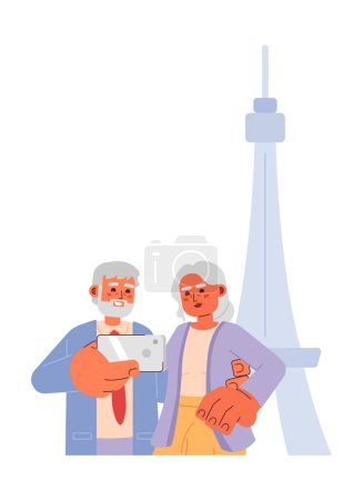 Illustration for Old couple attraction tourists retirement enjoying 2D cartoon characters. Retirees taking selfie in front of Eiffel tower isolated vector people white background. Travel color flat spot illustration - Royalty Free Image