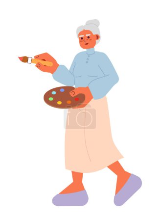 Illustration for Female senior painter holding paintbrush 2D cartoon character. Middle eastern elderly woman artist painting isolated vector person white background. Drawing workshop color flat spot illustration - Royalty Free Image
