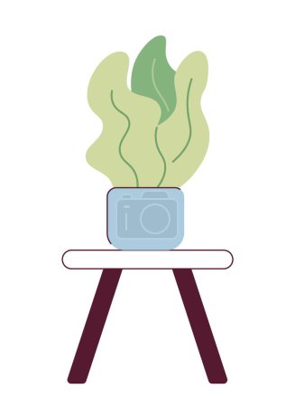Illustration for Houseplant standing on coffee table 2D cartoon object. Potted plant on wooden stool chair isolated vector item white background. Home interior decoration flowerpot color flat spot illustration - Royalty Free Image