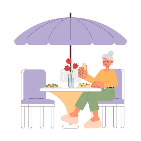 Illustration for Senior woman eating fancy dinner 2D cartoon character. Elderly lady at patio dining restaurant isolated vector person white background. Toasting drink. Retirement enjoying color flat spot illustration - Royalty Free Image