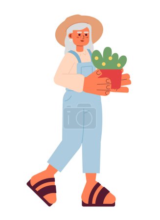 Illustration for Gardener senior woman holding plant 2D cartoon character. Grandmother gardening. Female farmer mature isolated vector person white background. Planting horticulture color flat spot illustration - Royalty Free Image
