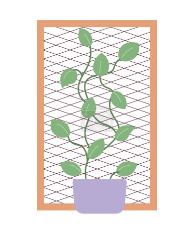 Illustration for Climbing plant on grid frame 2D cartoon object. Wall of leaves isolated vector item white background. Summer patio display. Woodwork window with creeping plants color flat spot illustration - Royalty Free Image