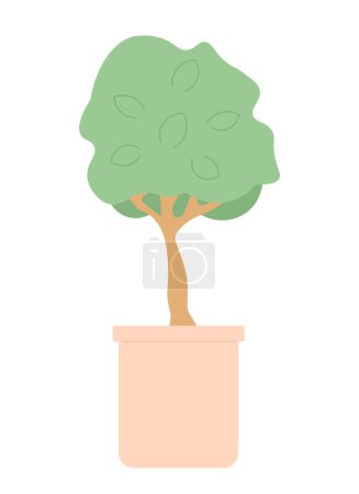 Illustration for Decorative tree in pot 2D cartoon object. Growing houseplant in flowerpot isolated vector item white background. Indoor plant potted. Dwarf bonsai tree miniature color flat spot illustration - Royalty Free Image