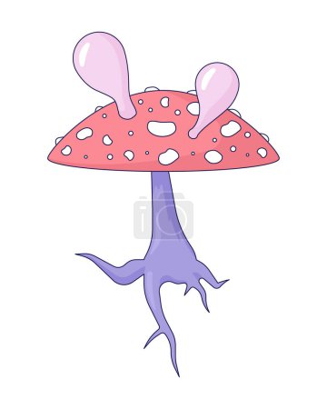 Illustration for Hallucinogenic fungus fly agaric 2D linear cartoon object. Poison mushroom blowing bubbles isolated line vector element white background. Amanita muscaria psychedelics color flat spot illustration - Royalty Free Image