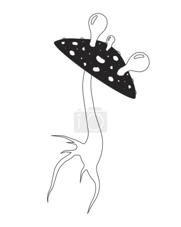 Illustration for Psychedelic mushroom amanita black and white 2D line cartoon object. Toxic toadstool blowing gum bubbles isolated vector outline item. Halloween shaman witchcraft monochromatic flat spot illustration - Royalty Free Image
