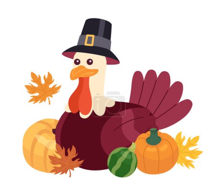Illustration for Thanksgiving pilgrim turkey in pumpkins fall 2D cartoon character. Wearing hat capotain poultry fowl isolated vector animal white background. Harvest autumn celebrate color flat spot illustration - Royalty Free Image
