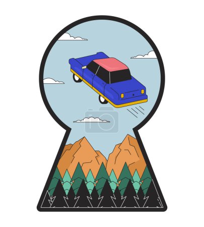 Illustration for Levitating retro car in keyhole shape 2D linear illustration concept. Surreal adventure wanderlust cartoon scene isolated on white. Psychedelic ride sky metaphor abstract flat vector outline graphic - Royalty Free Image