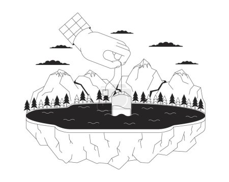 Illustration for Steeping teabag into mountain lake black and white 2D illustration concept. Surreal dunking tea bag in water cartoon outline scene isolated on white. Organic tea brewing metaphor monochrome vector art - Royalty Free Image
