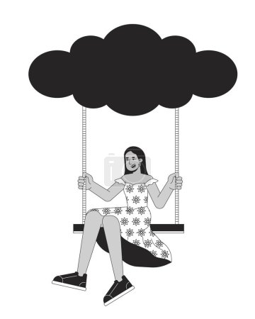 Ilustración de Chica feliz en swing colgando de nube en blanco y negro concepto de ilustración 2D. Mujer columpiante despreocupada personaje contorno de dibujos animados aislado en blanco. Sueños imaginación metáfora arte vectorial monocromo - Imagen libre de derechos
