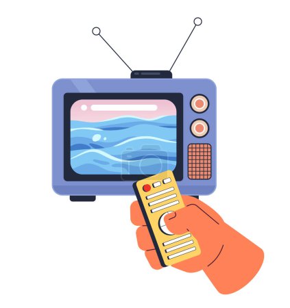 Illustration for Ocean waves on retro tv screen 2D illustration concept. Changing channel isolated cartoon character hand, white background. Surreal dreamy seascape television metaphor abstract flat vector graphic - Royalty Free Image