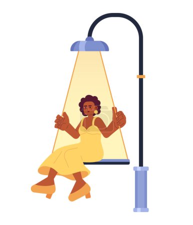 Téléchargez les illustrations : Lampe balançoire femme noire post concept d'illustration 2D. Dame afro-américaine balançant sous le feu de la rue personnage de dessin animé isolé, fond blanc. Métaphore de nuit magique graphique vectoriel plat abstrait - en licence libre de droit