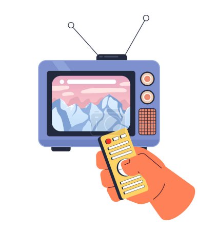 Ilustración de Pico de montaña nevada en el concepto de ilustración 2D de televisión de los años 80. Control remoto aislado personaje de dibujos animados mano, fondo blanco. Ver televisión paisaje de montaña metáfora abstracto plano vector gráfico - Imagen libre de derechos