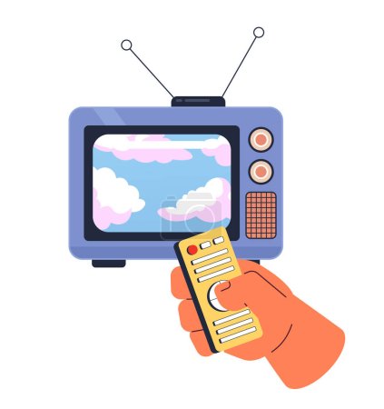 Illustration for Dreamy clouds on old television 2D illustration concept. Changing program with clicker isolated cartoon character hand, white background. Cumulus forecast weather metaphor abstract flat vector graphic - Royalty Free Image