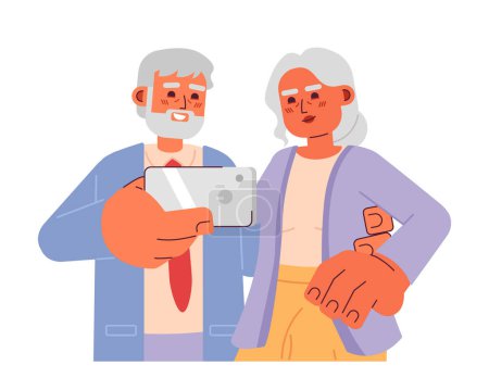 Ilustración de Caucásico pareja de ancianos tomando selfie 2D personajes de dibujos animados. Sonriendo hombre mayor sosteniendo teléfono inteligente aislado vector personas fondo blanco. Señora anciana posando para la ilustración plana del punto del color de la cámara - Imagen libre de derechos