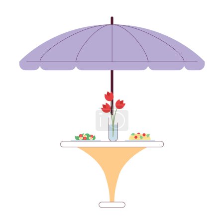 Téléchargez les illustrations : Parapluie patio table à manger dîner servi objet de dessin animé 2D. Meubles de restaurant extérieur isolé élément vectoriel fond blanc. Table de parasol avec illustration romantique de tache plate de couleur de dîner - en licence libre de droit