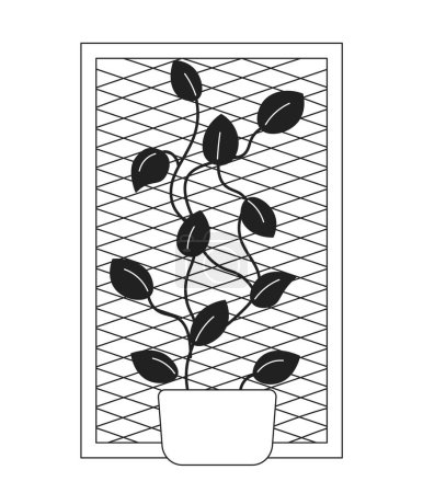 Illustration for Climbing plant on grid frame black and white 2D cartoon object. Wall of leaves isolated vector outline item. Summer display. Woodwork window with creeping plants monochromatic flat spot illustration - Royalty Free Image