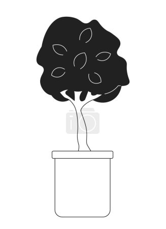 Illustration for Decorative tree in pot black and white 2D cartoon object. Growing houseplant in flowerpot isolated vector outline item. Indoor plant potted. Dwarf tree miniature monochromatic flat spot illustration - Royalty Free Image