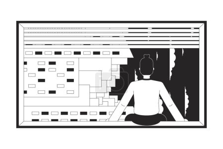 Ilustración de Sentado en el hombre de la ventana invertida viendo la vista posterior en blanco y negro concepto de ilustración 2D. Rascacielos mirando a los personajes de dibujos animados tipo aislado en blanco. Metáfora arte vectorial monocromo - Imagen libre de derechos
