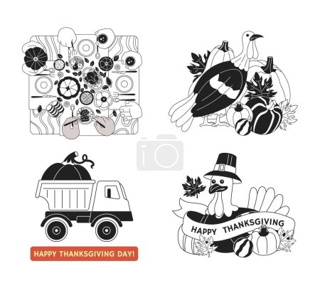 Illustration for Happy thanksgiving day black and white 2D illustration concepts set. Family dinner, pumpkin truck isolated cartoon outline scene collection. Thanksgiving turkey metaphors monochrome vector art - Royalty Free Image