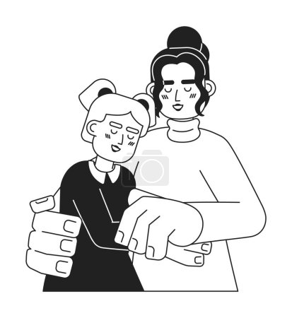 Illustration for Hispanic young daughter mom cuddling black and white 2D cartoon characters. Mother hugging girl isolated vector outline people. Tender greeting. Family closeness monochromatic flat spot illustration - Royalty Free Image