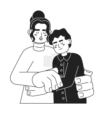 Illustration for Latino mom teen son hugs black and white 2D cartoon characters. Hispanic mother embracing consoling boy isolated vector outline people. Grateful thank you monochromatic flat spot illustration - Royalty Free Image