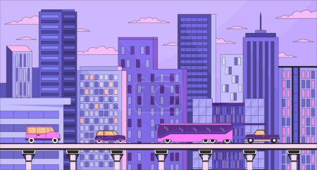 Illustration for Evening metropolis line cartoon flat illustration. Vehicles highway 2D lineart scenery background. Dusk city life. Late afternoon residential townscape. Automobiles roadway scene vector color image - Royalty Free Image