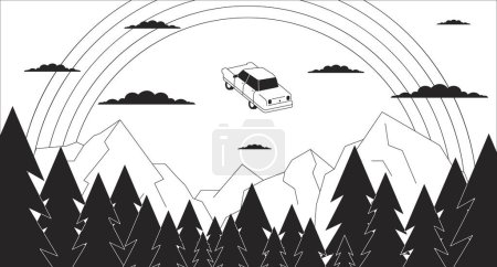 Illustration for Psychedelic flying car in rainbow sky black and white 2D illustration concept. Mountains forest magic outline cartoon scene background. Levitating car over spruces metaphor monochrome vector art - Royalty Free Image