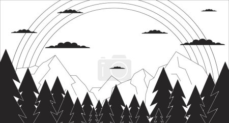 Illustration for Peaceful rainbow in mountains black and white cartoon flat illustration. Forest rocky 2D linear scenery background. Vintage hippie mountainscape. Groovy retro monochrome scene vector outline image - Royalty Free Image