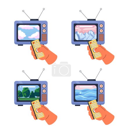 Illustration for Peaceful landscapes retro tv watching 2D illustration concepts set. Remote control, dreamy mood isolated cartoon character hands collection, white background. Metaphors abstract flat vector graphic - Royalty Free Image