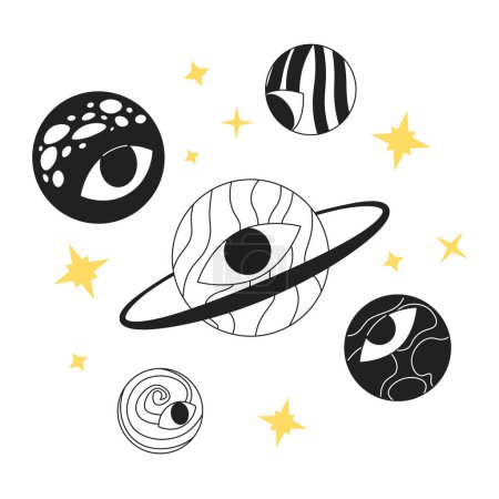 Illustration for Groovy planets with eyeball black and white 2D illustration concept. Trippy eye planets cosmic space isolated cartoon outline scene. Cosmos vision. Psychedelic galaxy metaphor monochrome vector art - Royalty Free Image