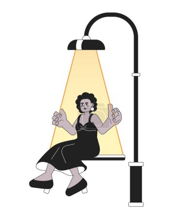 Ilustración de Lámpara oscilante negra poste concepto de ilustración 2D en blanco y negro. Mujer afroamericana balanceándose bajo la luz de la calle carácter contorno de dibujos animados aislados. Metáfora mágica nocturna arte vectorial monocromo - Imagen libre de derechos