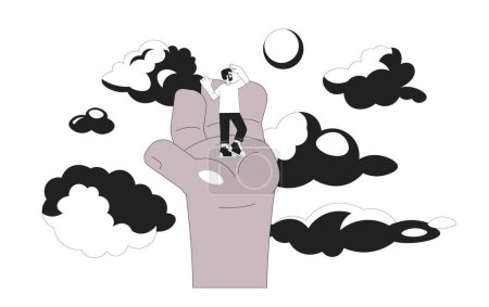 Illustration for Dreaming high black and white 2D illustration concept. European man standing on outstretched hand african american isolated cartoon outline character. Overlook around metaphor monochrome vector art - Royalty Free Image