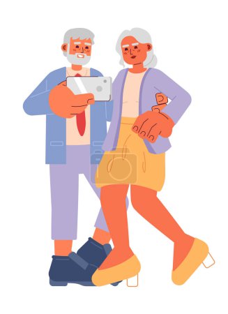 Téléchargez les illustrations : Couple à la mode âgé prenant selfie personnages de dessins animés 2D. Aînés prenant photo téléphone isolé vecteur personnes fond blanc. Grand-parents heureux retraite couleur plat spot illustration - en licence libre de droit