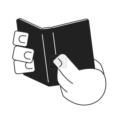 Illustration for Holding open book cartoon hands outline illustration. Studying literature 2D isolated black and white vector image. Open journal. Reading hands. Holding notebook flat monochromatic drawing clip art - Royalty Free Image