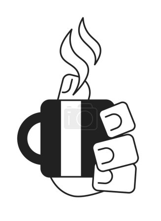 Illustration for Holding cup with coffee hot drink cartoon hand outline illustration. Morning beverage steamed 2D isolated black and white vector image. Steaming mug with tea flat monochromatic drawing clip art - Royalty Free Image