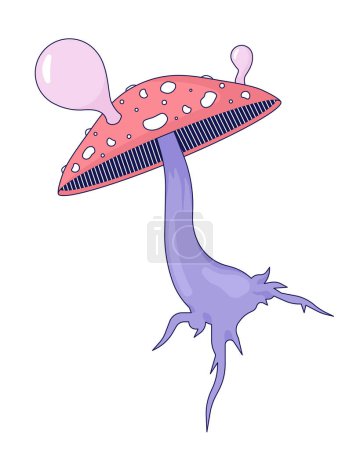 Illustration for Magic mushroom fly agaric 2D linear cartoon object. Poison toadstool blowing out bubbles isolated line vector element white background. Poisonous surreal plant color flat spot illustration - Royalty Free Image