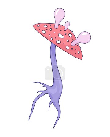 Illustration for Psychedelic mushroom amanita 2D linear cartoon object. Toxic toadstool blowing gum bubbles isolated line vector element white background. Halloween shaman witchcraft color flat spot illustration - Royalty Free Image