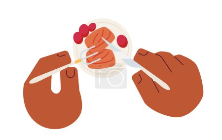 Illustration for Eating cranberry roast turkey meal cartoon character hands illustration. Cutlery holding. Thanksgiving dinner plate 2D vector image isolated on white background. Fork knife editable flat clipart color - Royalty Free Image