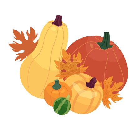Illustration for Maple leaves pumpkins 2D cartoon object. Thanksgiving decoration. Autumn gourds isolated vector item white background. November foliage vegetables. Harvest fall season color flat spot illustration - Royalty Free Image