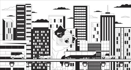 Ilustración de Gato gigante vigilando la ciudad en blanco y negro concepto de ilustración 2D. Curioso gatito detrás de edificio apartamento contorno de dibujos animados escena fondo. Kitty espiando metáfora lateral arte vectorial monocromo - Imagen libre de derechos